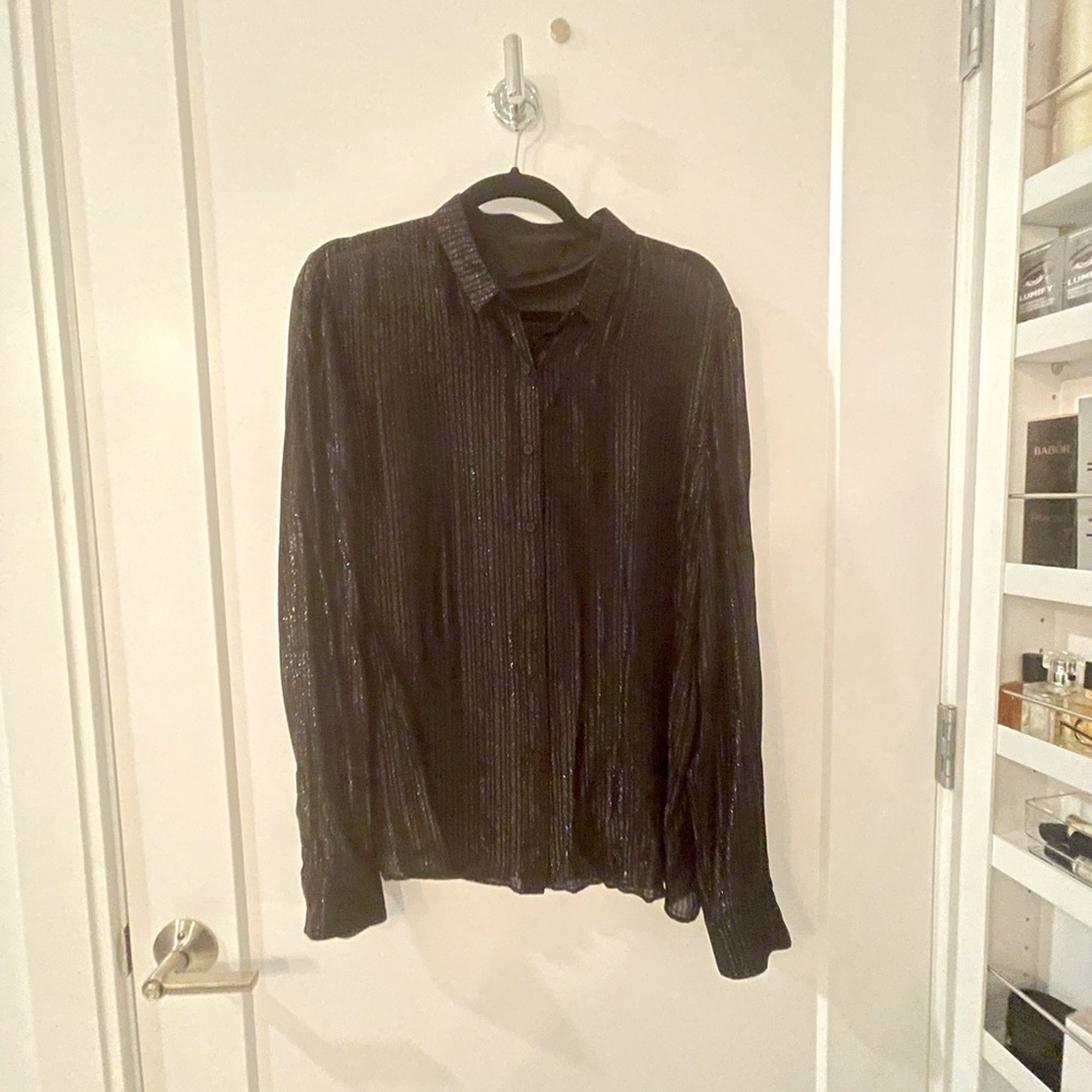 R+A Sheer Black Blouse w/ Shimmer. Size L